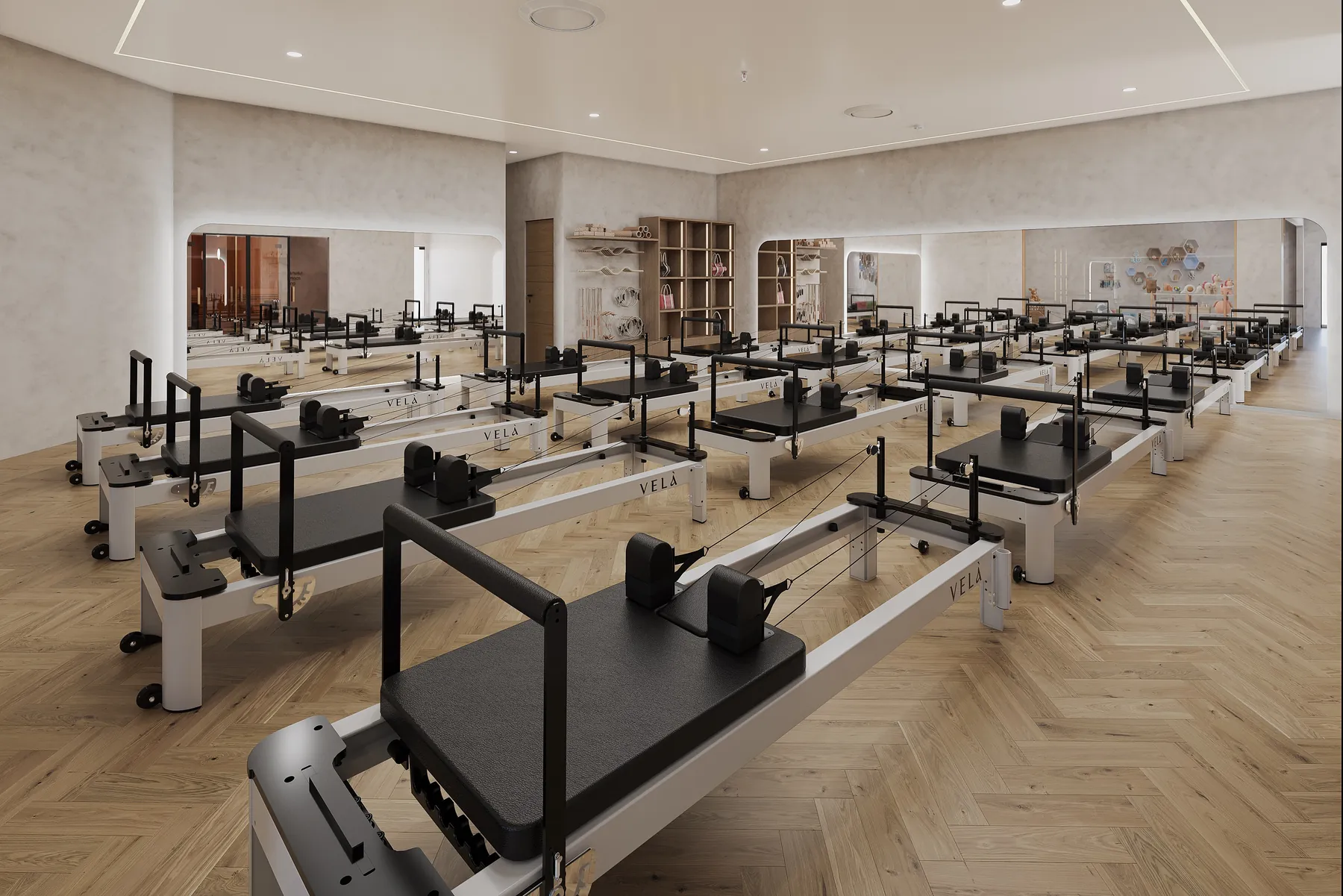 Reformer beds inside a Studio Vela training space